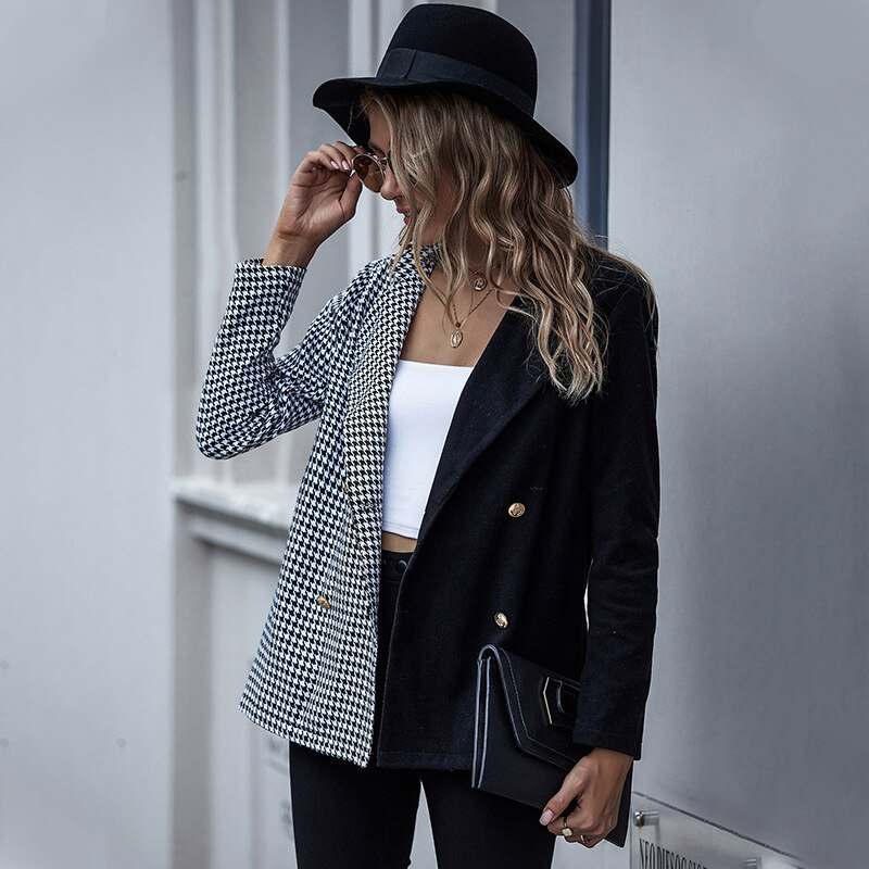 Alwaysq sort hvid gingham splice blazer overtøj kvinder kontor dame efterår forår dobbeltradet plaid casual frakker blazere: Sort hvid / S