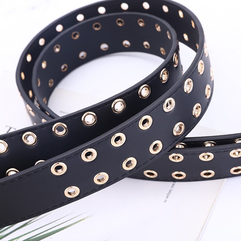 Gold Metal Double Pin Buckle Chain Women Belt PU Leather Punk Luxury Brand Waist Strap Belts for Jeans