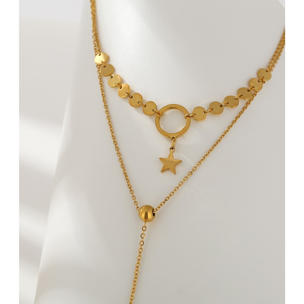 Yhpup Stylish Layered Cylinder Pendant Chain Necklace Charm Gold Metal Choker Stainless Steel Necklace collane donna statement