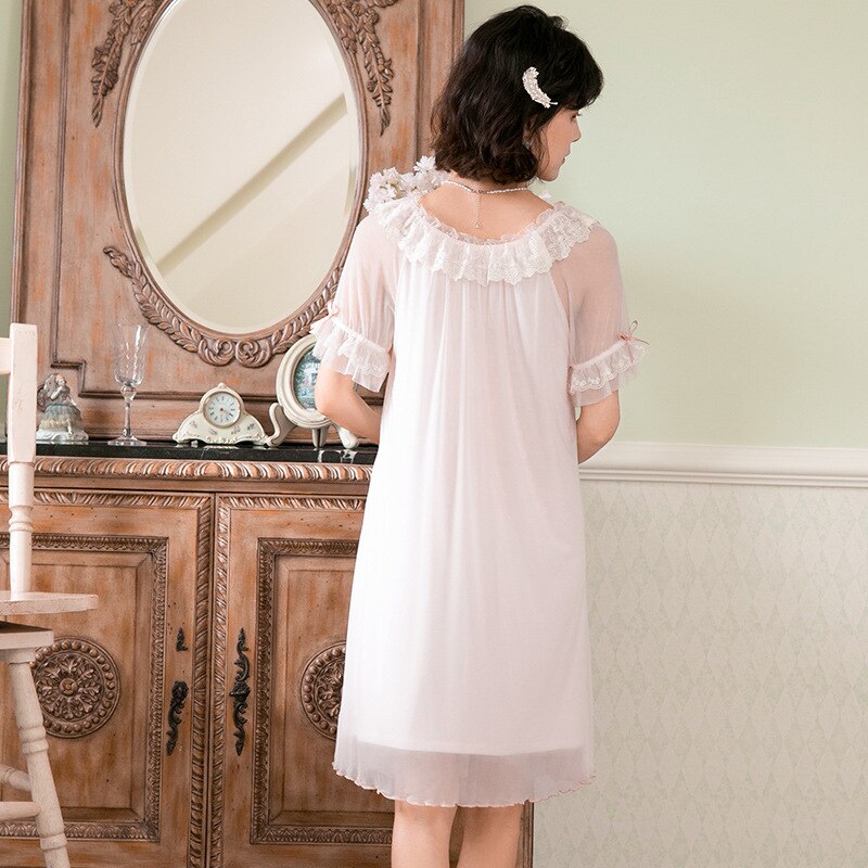 Women Romantic Nightgowns Vintage White Pink Lace Peignoir Mesh Nighty Victorian Night Dress Retro Princess Sleepwear Nightwear