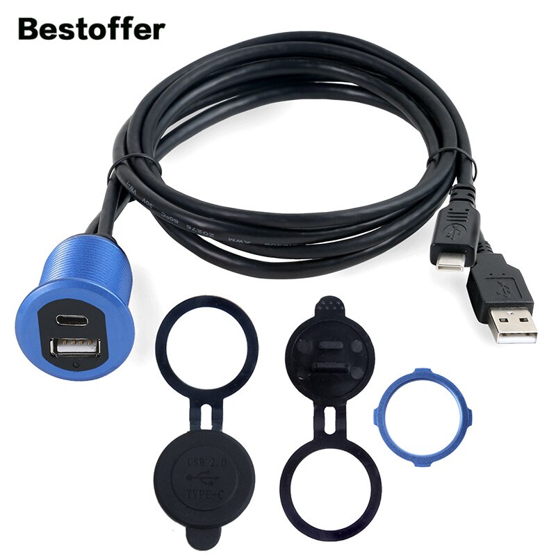 1 Meter Led Licht Type-C 2.0 Naar Usb 2.0 Man-vrouw Aux Auto Mount Flush Waterdichte Kabel