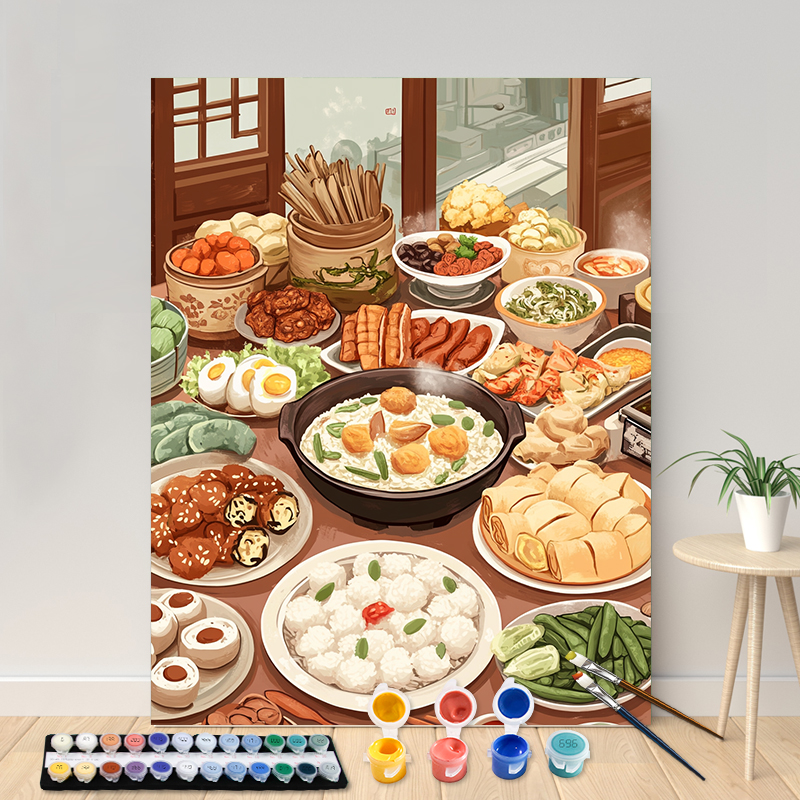 Maling etter tall kinesisk frokost akrylmaling lerret portrett familie barn foto jul: Mørk khaki / 50 x 70cm