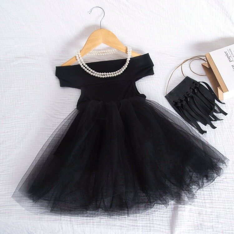 Prinsessekjolekonkurrence nyfødt baby børn pige off shoulder tutu mesh kjole fest bryllup kjole sort hvid pink