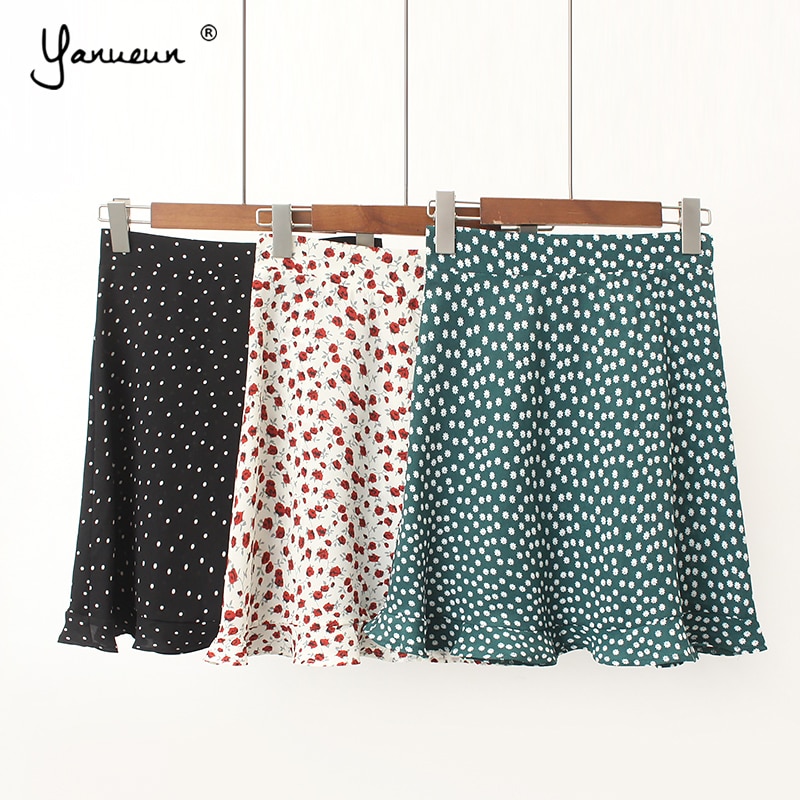 Yanueun Women Stylish Floral Print Short Skirts Female Ruffles High Waist Mini Skirts Women Bottoms Summer