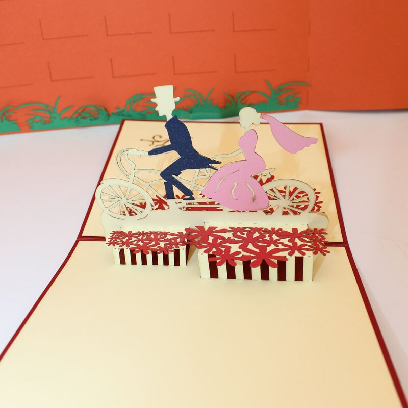 3D Handmade Carving Cycling Bride and Groom Paper Invitation Greeting Cards Wedding Engagement Valentine's Day