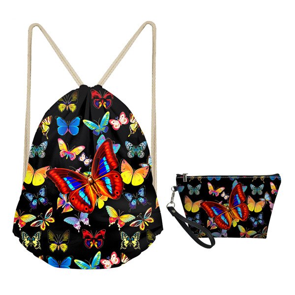 Mozoeyu 3d vlinder trekkoord rugzak make-up tas set 2 stuks dames reisaccessoires lichtgewicht schoudertassen: Cc3010 z 3 z 8