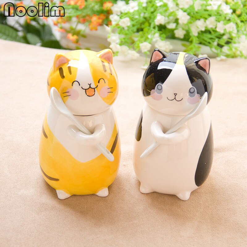 Cute Cat Teacups Exquisite Teaware Accessories With Spoon and Lid Coffee Tea Cups Porcelain Couple Milk Mug Drinkware