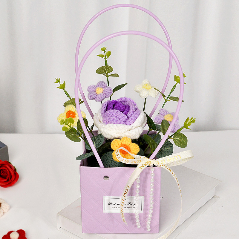 stijl gehaakte zonnebloemen rozen anjer pluche planten afgewerkt gebreide handtas boeketten Valentijn verjaardag afstudeercadeaus: Rood