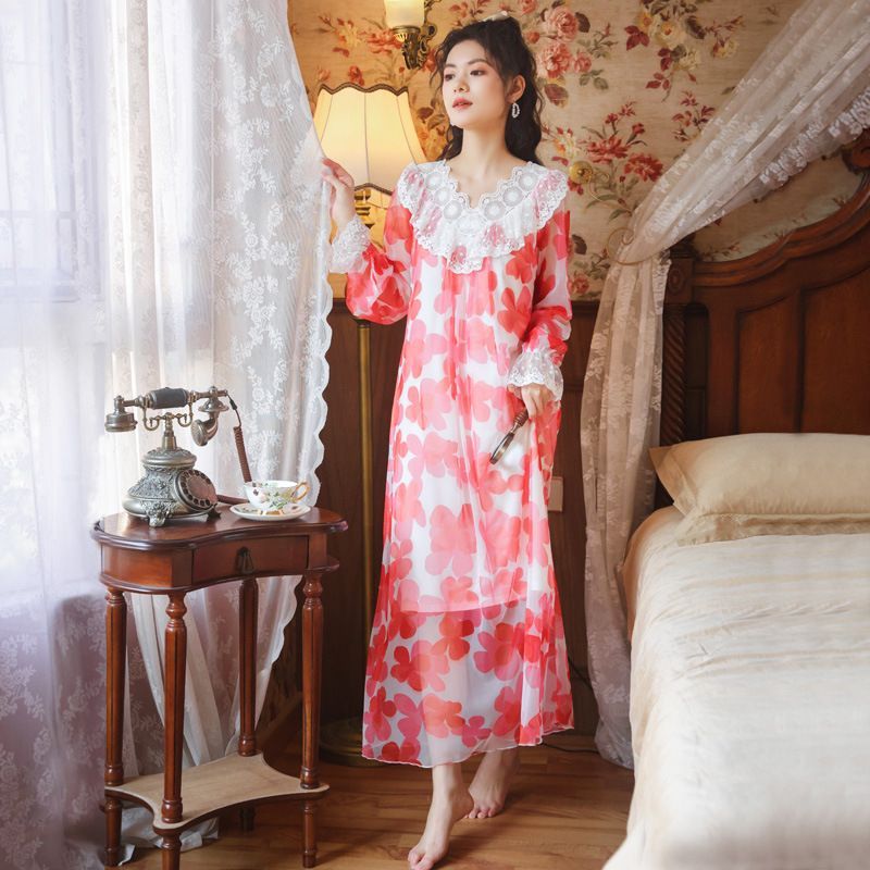 Sweet Floral Printed Mesh yarn Nightgown Dress Lace Long Model Nightdress Ladies Outerwear Dress Retro Homewear: 1 / L