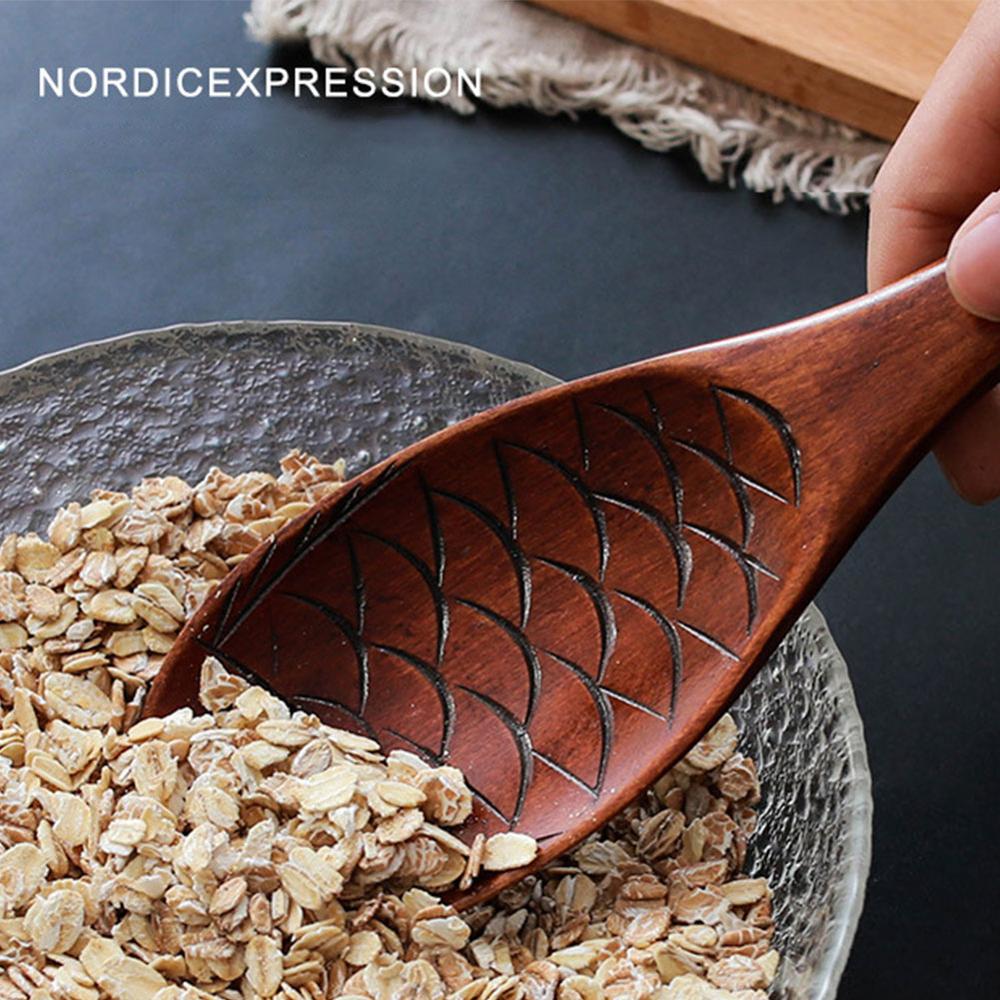 Kitchen Wooden Rice Serving Spoon Wood Rice Paddle Spatula Cute Fish Rice Spoon Scoop Potato Meal Server Cooking Tools