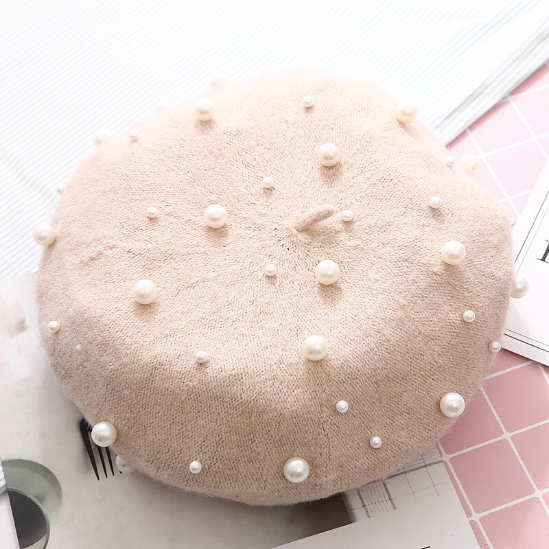Wool Women Winter Berets Luxury Pearl Rivet Vintage Cashmere Female Warm Vogue Beret Hats Girls Flat Cap Beret for Women: Beige
