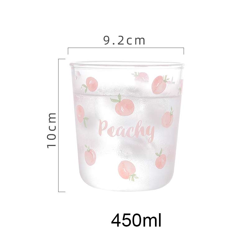 450ml Fruit Printed Glass Cup Transparent Glass Cuffee Mug Flower Tea Juices Milk Cup Breakfast Drinkware Xmas: Pink Peach