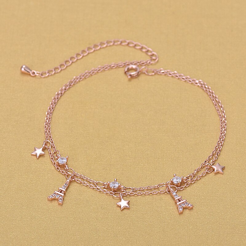 Korea Style Rose Gold Rhinestone Crystal Star Eiffeltoren Charm Enkelbanden Sieraden Voor