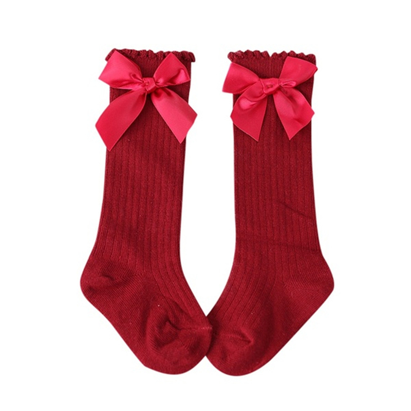 Chaussettes pour bébés filles, gros nœud aux genoux, en coton, Long, doux, antidérapant, en dentelle, chaussettes de printemps chaudes pour nourrissons, princesse: red / S