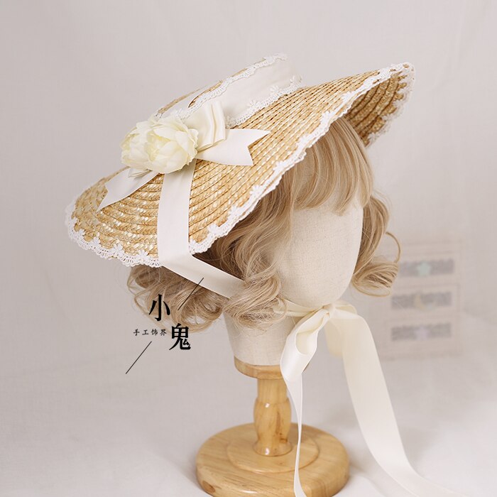Sombrero de paja de flor con lazo bonito de Lolita, tocado para niñas, sombrilla plana, sombrero plano, adornos para el cabello hechos a mano, Cosplay