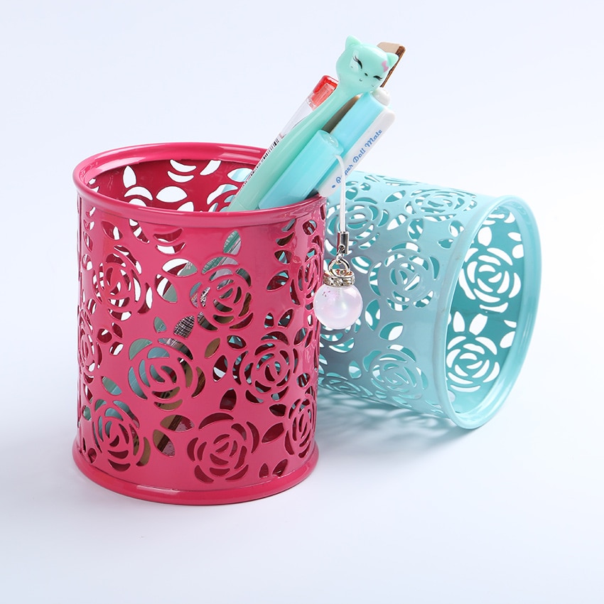 1PC Storage Organizer Hollow Rose Flower Pen Case Pencil Stand Container Stationary Study Round Pen Holders