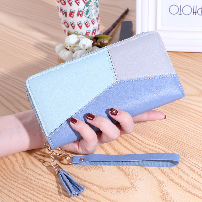 Women's Wallet Long Contrast Panel Zipper Tassel Large Capacity Wallet Mobile Case