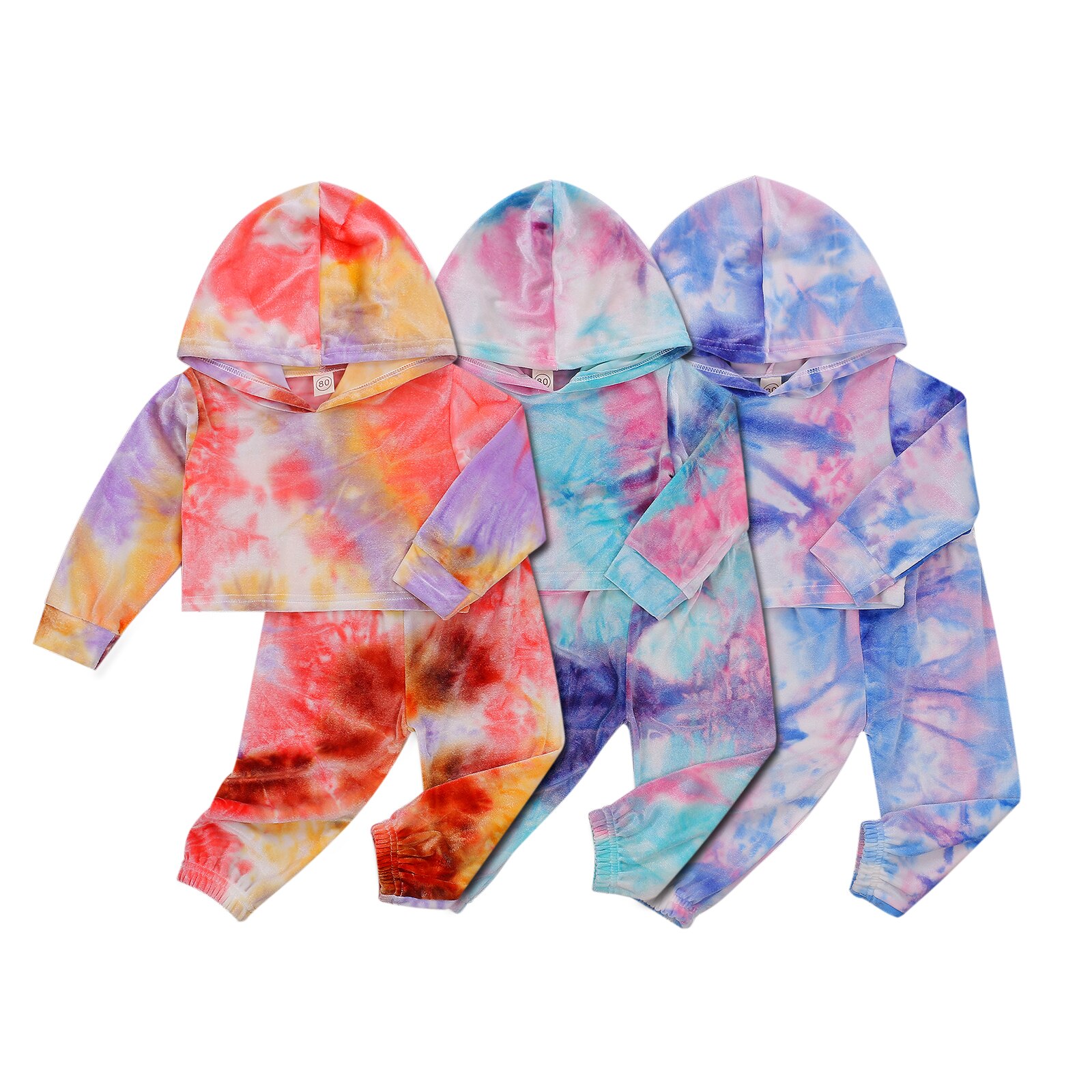 Costume teint par cravate 2 pièces pour petites filles, haut à capuche à manches longues en velours pour enfants, pantalon Long à taille élastique