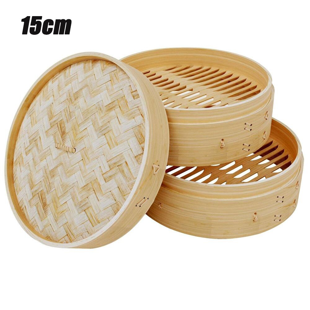 10/15/18/20/25.5cm 2 niveauer naturlig bambusbur dumpling damperkurv med låg bao bolle dampkogere køkken madlavningsredskaber: 15cm