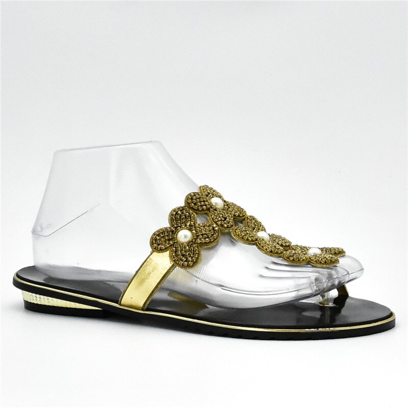 Últimas zapatillas africanas con diamantes de imitación para mujer, Zapatos de italiano para mujer, Zapatos de tacón bajo para mujer, Zapatos Africanos, calzado nigeriano: Dorado / 7.5