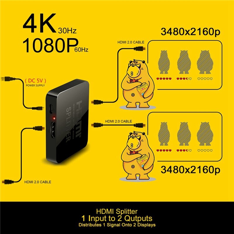 -Full HD 4K HDMI Splitter Converter 1 In 2 Out Switcher Box Hub 3D 1080P for 360 PS3/4/5