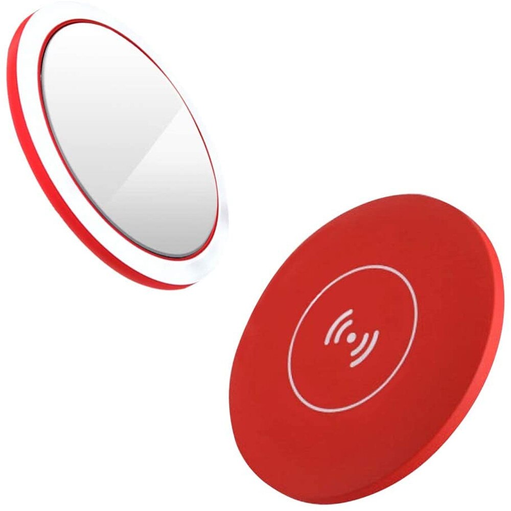 Portable Led Lighted Mini Circular Makeup Mirror Compact Travel Sensing Lighting Cosmetic Mirror Wireless Usb Charging: Red