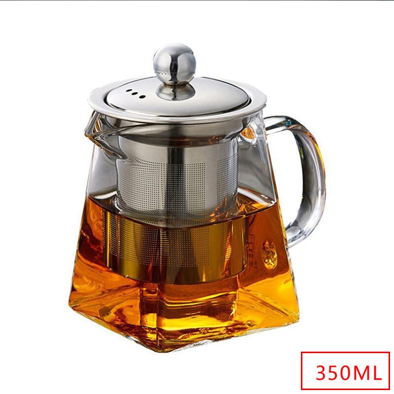 Tetera de café de vidrio resistente al calor, recipiente Infusor de acero inoxidable, calentador, tetera transparente, filtro cuadrado, cestas: 350ML
