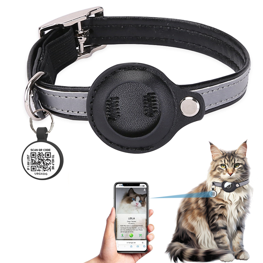 Airtag houder kattenhalsband met QR-tag, kattenaccessoires reflecterende PU lederen kittenhalsbanden, katten-ID-tag, elastische veiligheidsbanden: M / Rose Rood