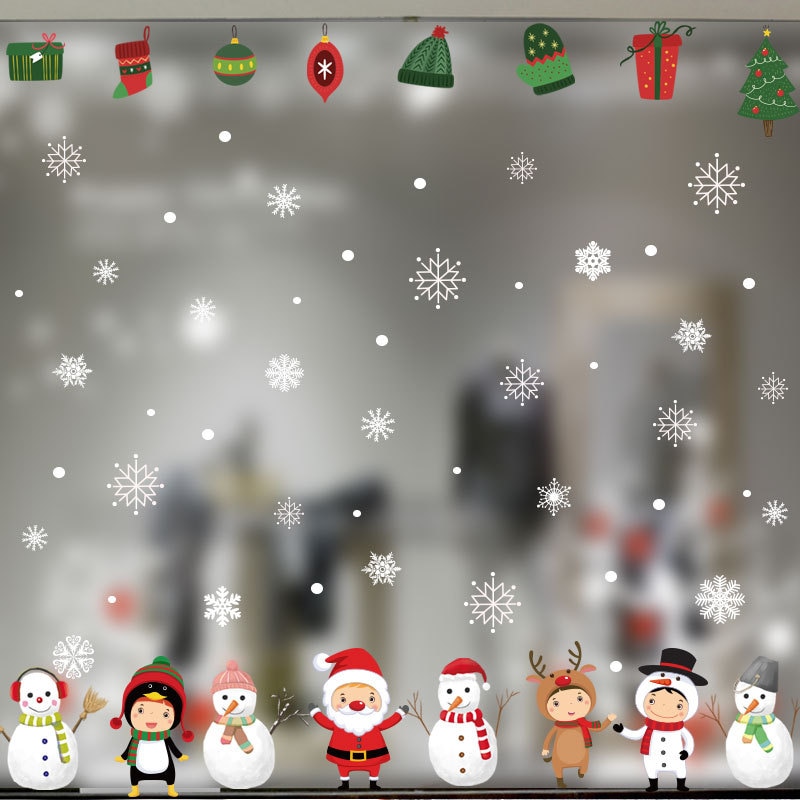 Cartoon Christmas Stickers for Window Showcase Removable Santa Claus Snowman Home Decor Decal Adhesive Year Glass Mural