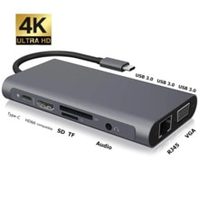 USB C Hub Docking Bahnhof 10 in 1 Typ C Adapter zu USB 3,0 4K HDMI-kompatibel VGA RJ45 Konverter für Macbook Profi Huawei Samsung