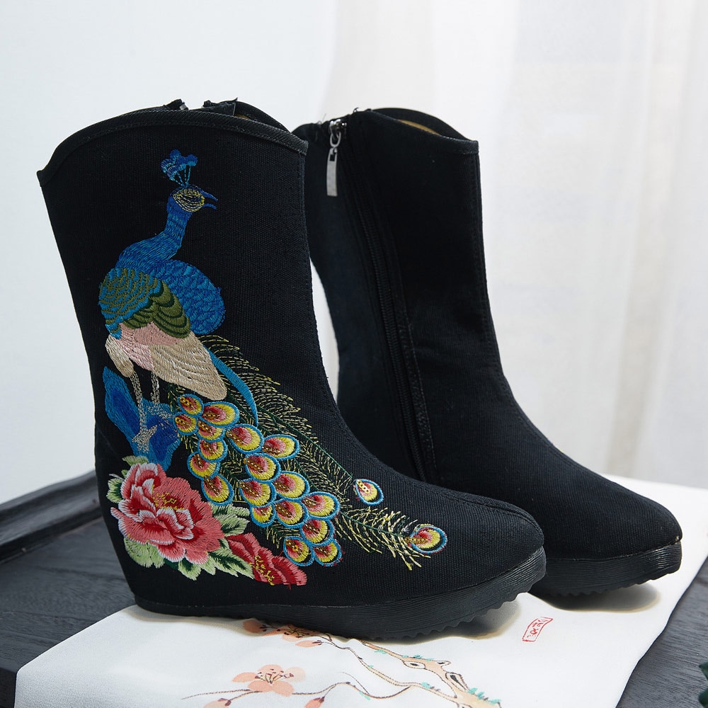 Veowalk Pailletten Pauw Geborduurde Vrouwen Katoen Korte Laarzen Verborgen Wedge Platform Comfortabele Herfst Schoenen Voor Dames