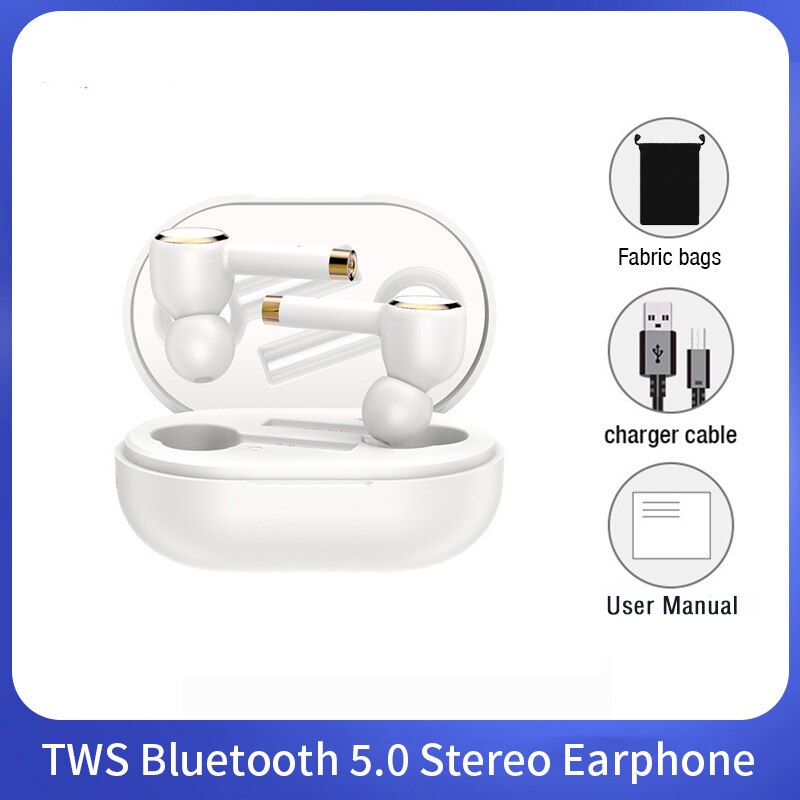 Stereo vero Cuffie Senza Fili TWS oortjes Auricolari Bluetooth sport bass handsfree chiamata HD Auricolari con microfono per Cellulari: White with Bag