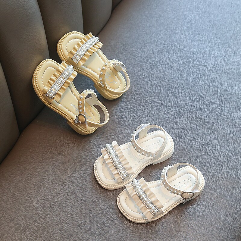 Sandálias da criança menina bege amarelo babados pérola doce crianças sliders praça toe 22-31 moda all-match crianças sapatos planos