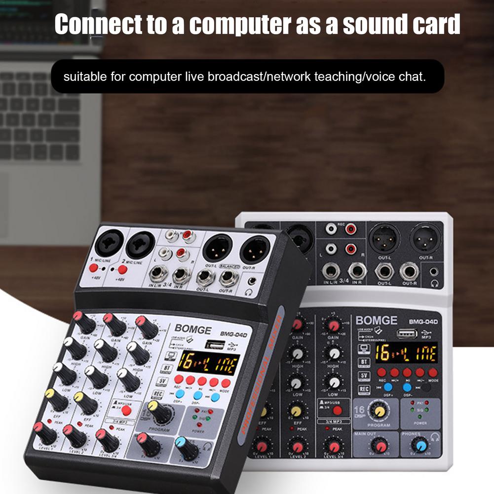 Wireless 4-channel Audio Mixer Portable Sound Mixing Console USB Interface MP3 Computer Input 48V Phantom Power Monitor For Home
