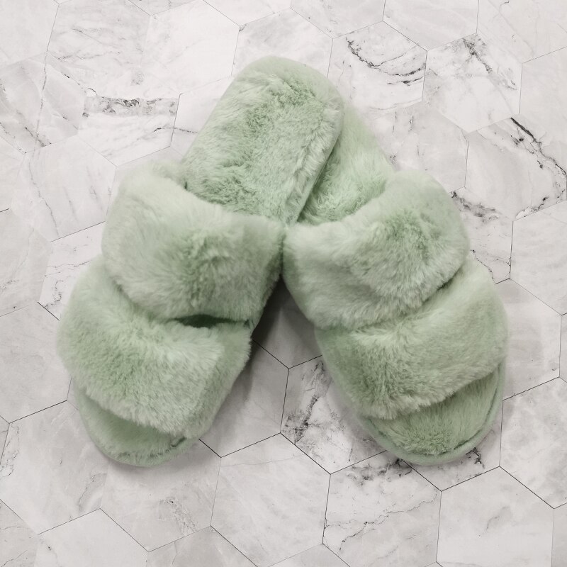 Femmes moelleux hiver pantoufles solide croix en peluche bout ouvert diapositives doux plat femme chaussures fausse fourrure pantoufle maison chaussures: green / 36-37