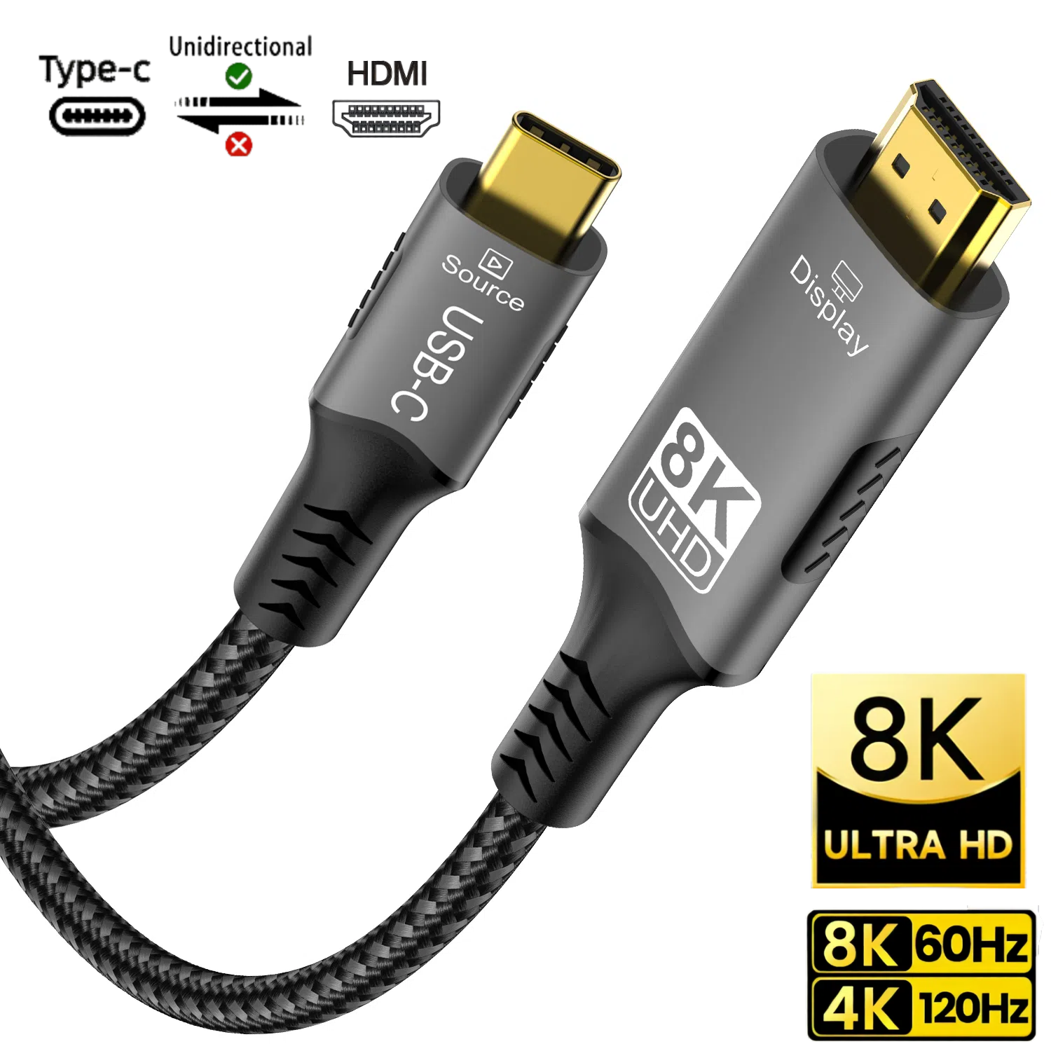 8K@60Hz USB C to HDMI 2.1 Cable 4K@144Hz 2K@240Hz Type C to HDMI 8K Cord Support HDCP 2.3/HDR10 Thunderbolt 3/4 Compatible