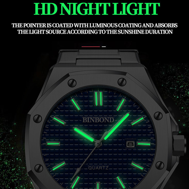 BINBOND montre pour hommes Top Royal décontracté hommes grand cadran argent acier inoxydable calendrier Quartz montre-bracelet classique lumineux B0233