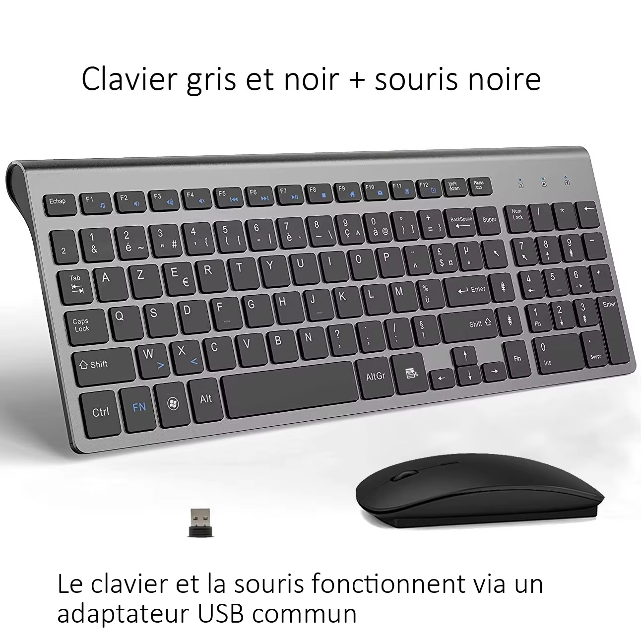 AZERTY French Layout 2.4G Mouse Keyboard Ultra-Slim Wireless Keyboard and Mouse Set Silent Compact for PC Laptop Windows: GRAY