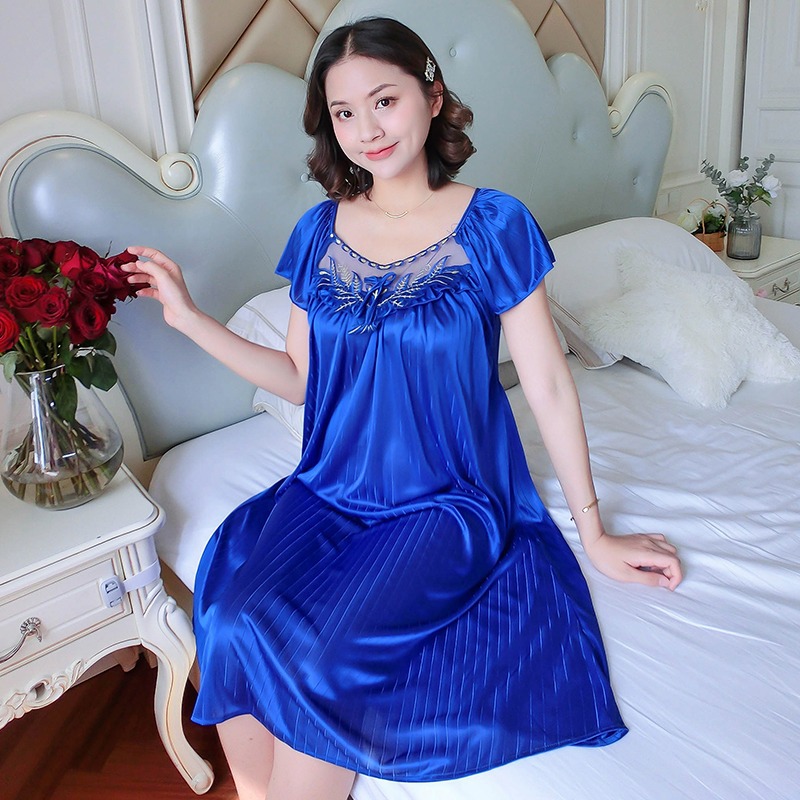 Damen Eis Seide Nachthemden Schlaf Kleid Mittel Länge Kurzarm Nachthemd sexy Nachtwäsche Hause Tragen Loungewear Schlafanzug Femme