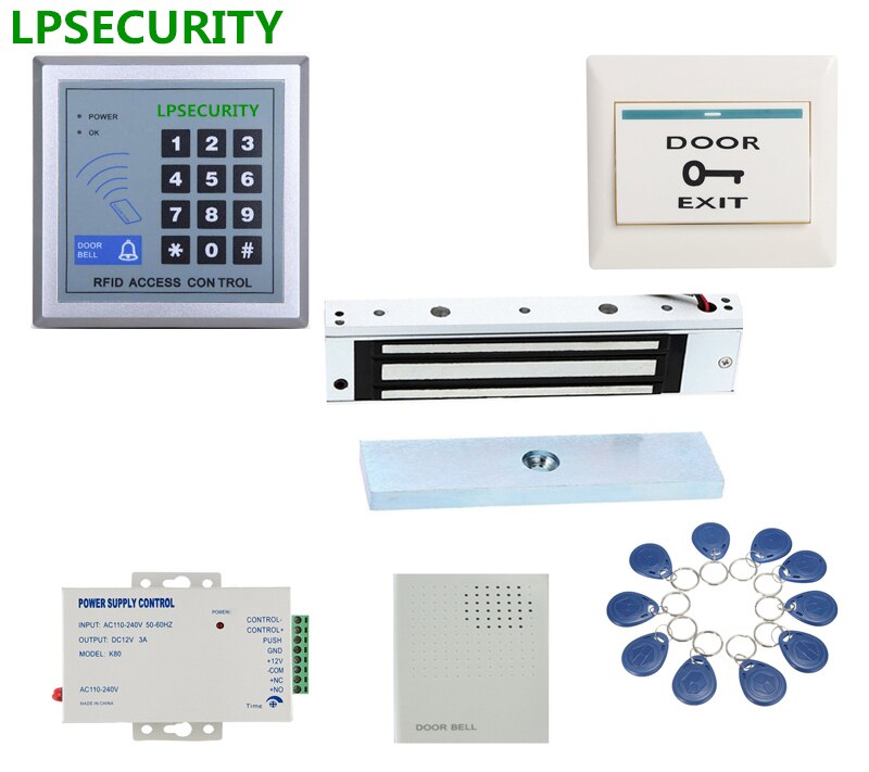 RFID door access control kit with 180kg door electric magnet lock +power supply+proximity keypad+keyfob+push button