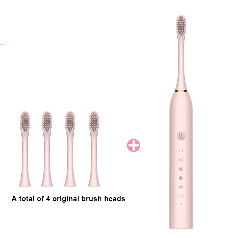 Sonic Electric Toothbrush Ultrasonic Automatic USB Rechargeable IPX7 Waterproof Whitening Teeth Tooth Brush Head Holder Adult: pink 4 head
