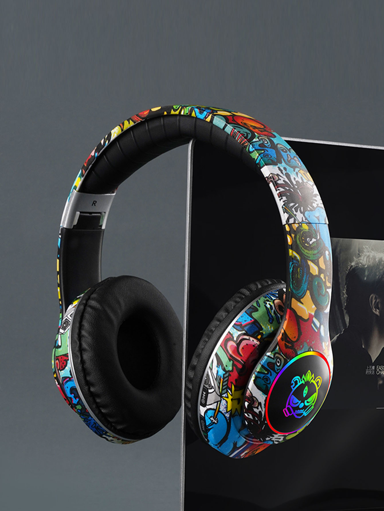 Moda dobrável fone de ouvido bluetooth, design graffiti, botão conveniente integrado, luzes de cor legal fone de ouvido bluetooth: Default Title