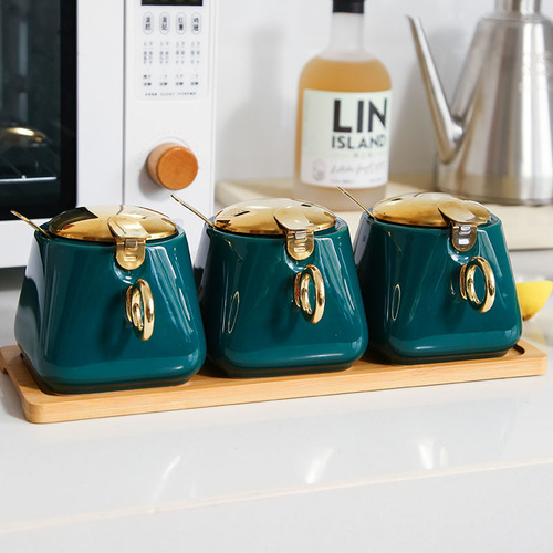 Kruidkruik Set Huishoudelijke Combinatie Zout Jar Kruiden Opbergdoos Keramische Keuken Kruiden Pot Peper Pot Met Deksel Cn (oorsprong): 3 green