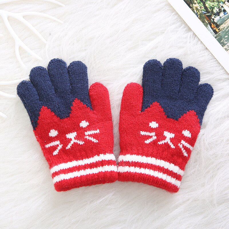 Kinderen Kids Winter Warm Thicken Patchwork Handschoenen Leuke Kat Wanten Imitatie Kasjmier Vinger Handschoenen Voor 4-8Y