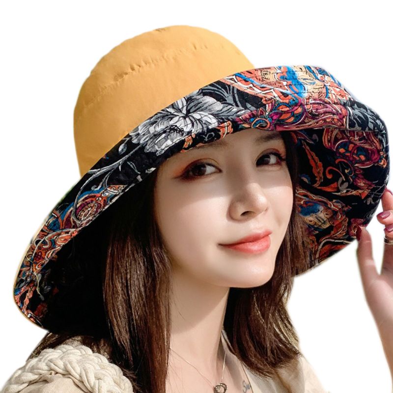 Women Boho Ethnic Floral Reversible Sun Hat Large Wide Brim UV Protection Foldable Floppy Beach Cap with Chin Strap: YELLOW