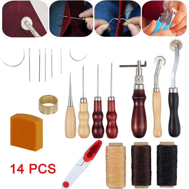 14PCS/set Leather Craft Punch Tools Kit Stitching Carving Working Sewing Saddle Groover Tool: Default Title