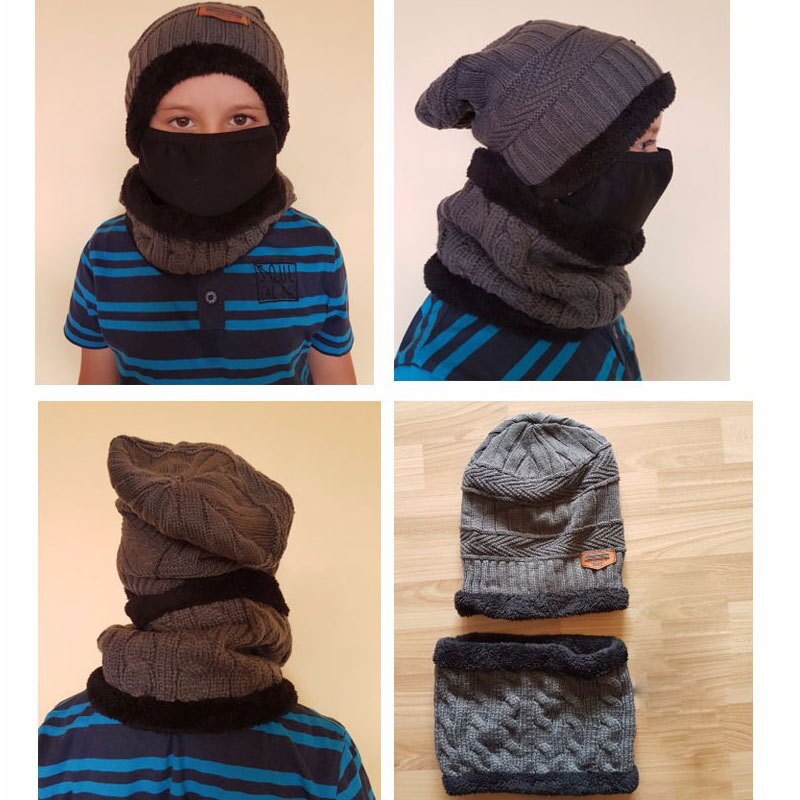 Vinter gutt lue skjerf sett fast strikket lue lokk tykkere varm fløyel låve hatt sikring caps ski myk ringe skjerf låve