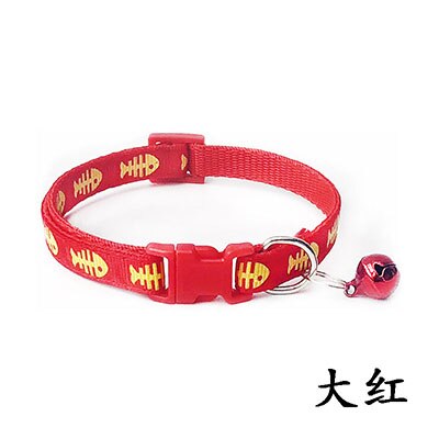 Collar ajustable con estampado de espina de pescado para mascotas, Collar de nailon para cachorros, gatitos y gatos con campanas, 19-32cm, 1,0 cm,: Rojo