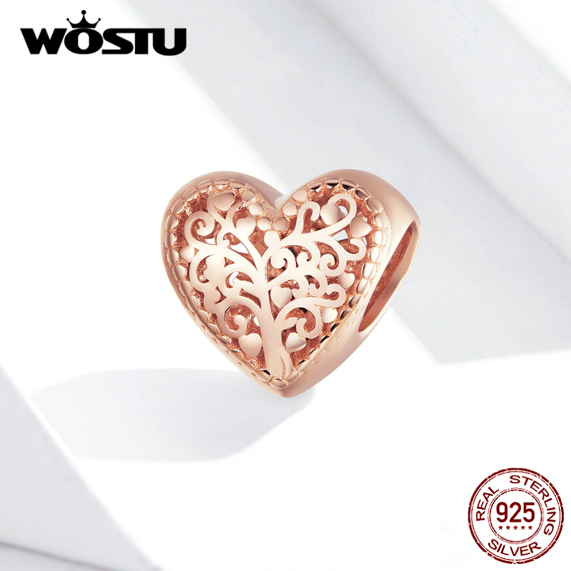 Wostu Opengewerkte Hart Rose Gold Charm 925 Sterling Silver Tree Of Life Bead Hanger Fit Originele Armband Necklacejewelry CTC215