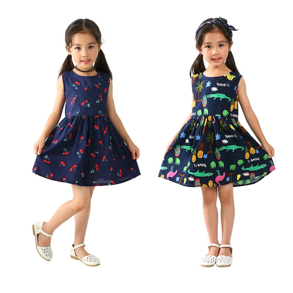 Summer Cotton Cherry Bow Decor Princess Dress Floral Vest Dresses for Girls